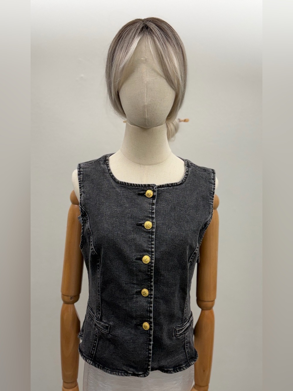 Sleeveless Washed Black Denim Vest with Gold Buttons